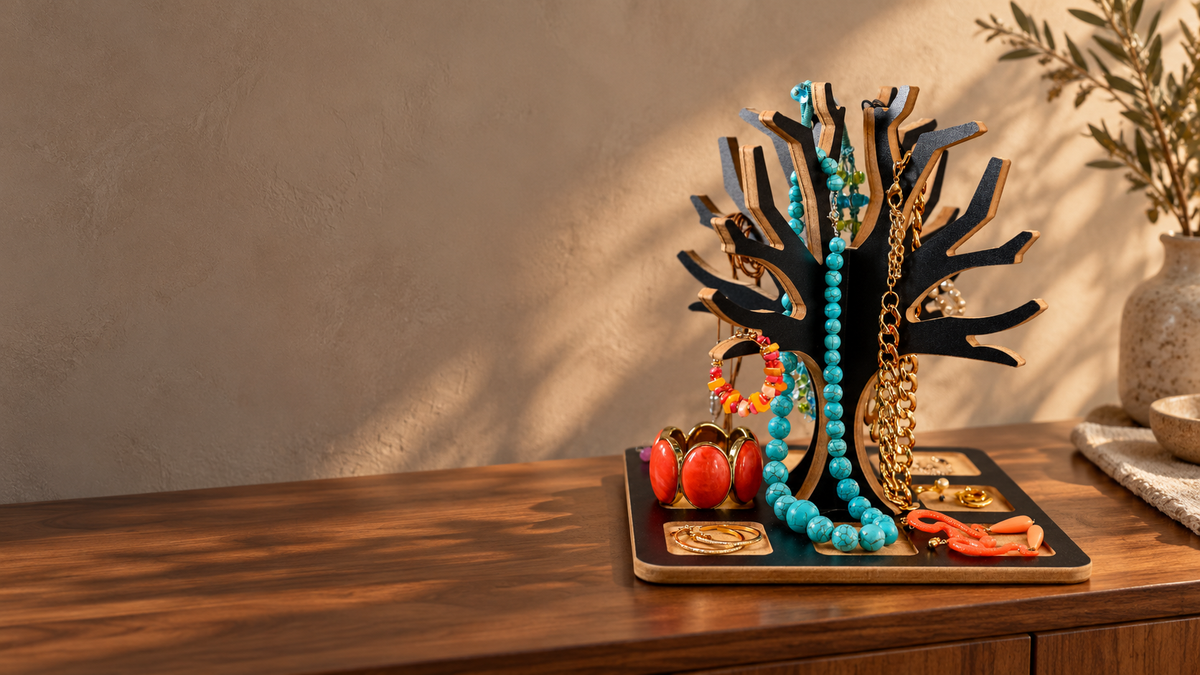 YLOMA Jewellery Tree — Μαύρο σε ξύλινη κονσόλα, ψηφιακά διαμορφωμένο σκηνικό