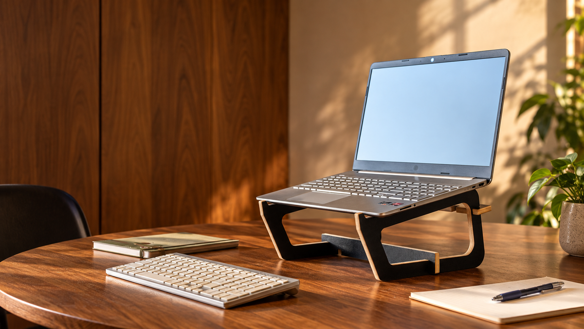 YLOMA Elevated Laptop Stand — Μαύρο σε χώρο εργασίας, ψηφιακά διαμορφωμένο σκηνικό